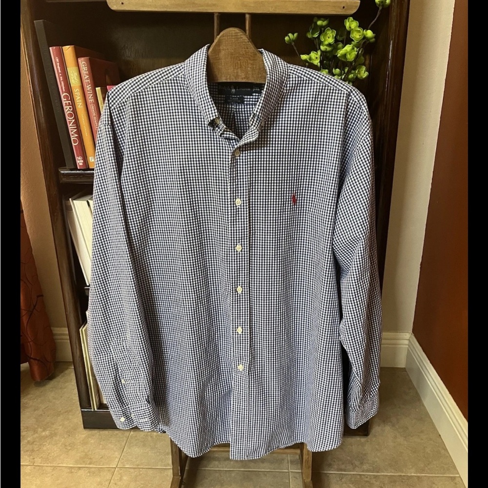 Ralph Lauren Shirt Mens XL blue white Plaid Long Sleeve Button Down Oxford Logo